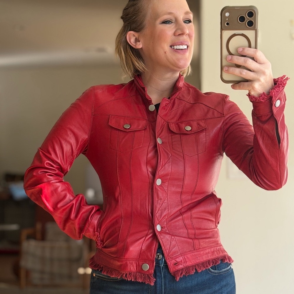 Jackett JKT Women Red Buttery Genuine Leather Jacket Frayed Hem Coat Size Small